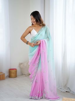 Varanga - Blue Chiffon Saree With Unstitched Blouse