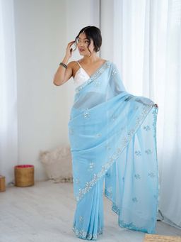 Varanga - Blue Chiffon Saree With Unstitched Blouse
