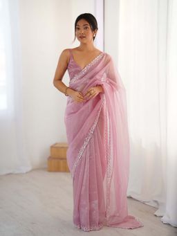 Varanga - Peach Net Saree With Unstitched Blouse