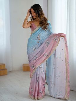 Varanga - Pink Chiffon Saree With Unstitched Blouse