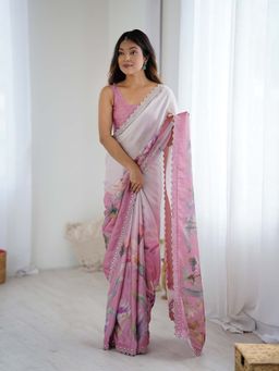 Varanga - Pink Silk Blend Saree With Unstitched Blouse
