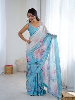 Varanga - Blue Silk Blend Saree With Unstitched Blouse