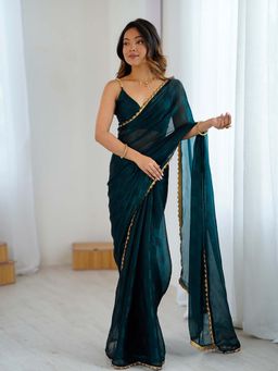 Varanga - Dark Green Chiffon Saree With Unstitched Blouse