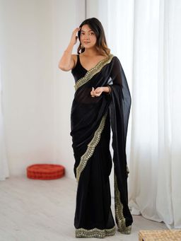 Varanga - Black Chiffon Saree With Unstitched Blouse