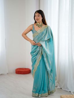 Varanga - Blue Chiffon Saree With Unstitched Blouse
