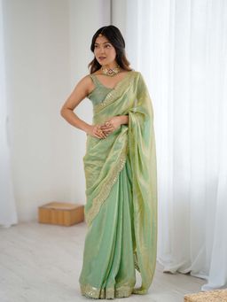 Varanga - Lime Green Chiffon Saree With Unstitched Blouse
