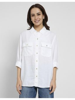American Eagle - Women White Weekend Vibes Linen-Blend Long-Sleeve Button-Up Shirt