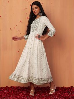 Indya - White Ditsy Boota Foil Print Cotton Anarkali Kurta