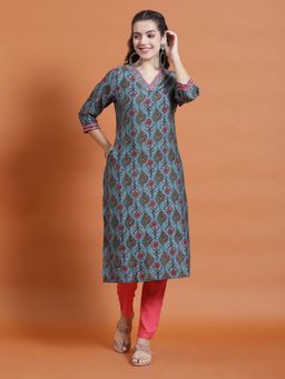 Shree - Women Rayon Blue Floral Print Kurta