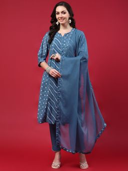 Shree - Women Polyester Teal Polka Dot Printed Kurta With Comfort Pant, Inner And Dupatta (Set Of 4)
