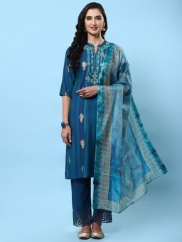 Shree - Women Muslin Blue Embroidered Kurta With Comfort Pant And Dupatta (Set Of 3)