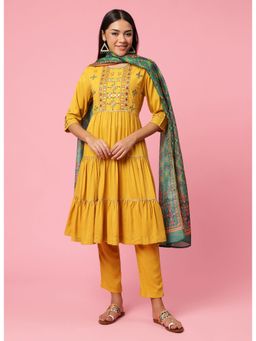 Shree - Women Poly Viscose Mustard Embroidered Kurta With Pant And Dupatta (Set Of 3)