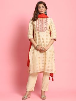 Shree - Women Chanderi Off White Embroidered Kurta With Pant And Dupatta (Set Of 3)