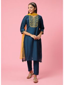 Shree - Women Chanderi Teal Embroidered Kurta With Pant And Dupatta (Set Of 3)