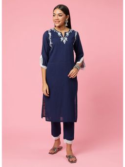 Shree - Women Cotton Navy Blue Embroidered Kurta With Pant (Set Of 2)