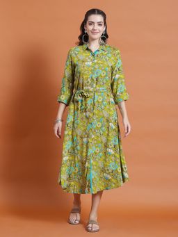 Shree - Women Rayon Olive Floral Print Midi Dress (Set Of 2)