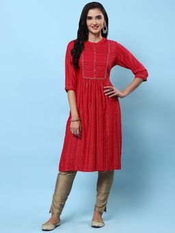 Shree - Women Rayon Pink Stripe Print Kurta