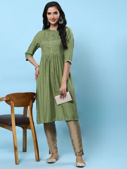 Shree - Women Rayon Green Stripe Print Kurta