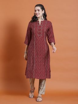 Shree - Women Chanderi Maroon Geometric Print Kurta With Pant (Set Of 2)
