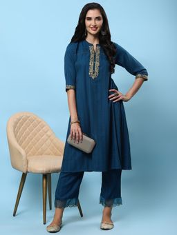 Shree - Women Poly Viscose Navy Blue Embroidered Kurta With Comfort Pant (Set Of 2)