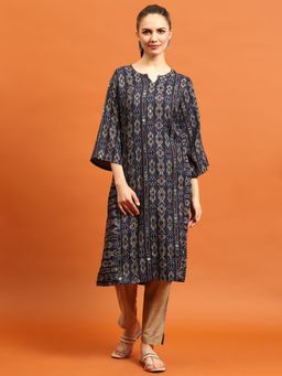 Shree - Women Rayon Navy Blue Print Kurta
