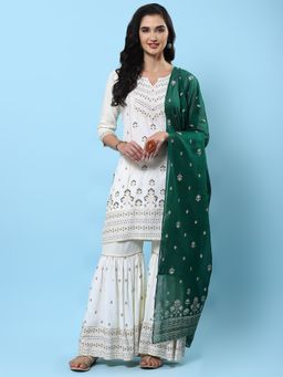 Shree - Women Rayon Off White Printed Kurta With Sharara And Dupatta (Set Of 3)
