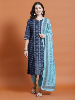 Shree - Women Poly Viscose Navy Blue Geometric Print Kurta With Pant And Dupatta (Set Of 3)