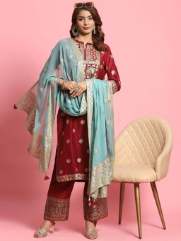 Shree - Women Samaira Silk Burgundy Foil Print Kurta With Comfort Pant And Dupatta (Set Of 3)