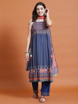 Shree - Women Rayon Navy Blue Ornamental Print Kurta With Comfort Pant And Dupatta (Set Of 3)