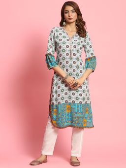Shree - Women Rayon Blue Geometric Print Kurta