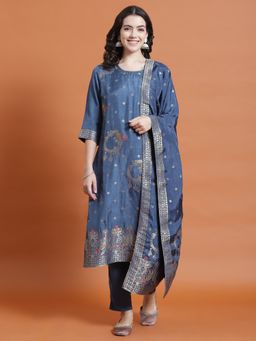 Shree - Women Dola Silk Jacquard Navy Blue Woven Kurta With Pant And Dupatta (Set Of 3)
