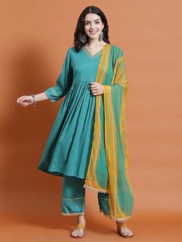 Shree - Women Rayon Turquoise Geometric Print Kurta With Comfort Pant And Dupatta (Set Of 3)