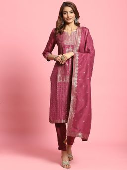 Shree - Women Dola Silk Jacquard Magenta Woven Kurta With Pant And Dupatta (Set Of 3)