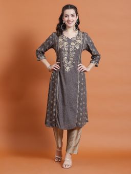 Shree - Women Rayon Grey Ornamental Floral Print Kurta