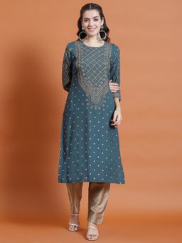 Shree - Women Rayon Teal Ornamental Print Kurta