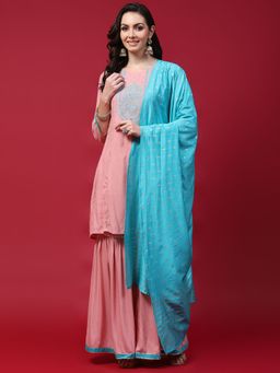 Shree - Women Rayon Pink Embroidered Kurta With Sharara And Dupatta (Set Of 3)