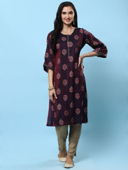 Shree - Women Chanderi Purple Ornamental Print Kurta
