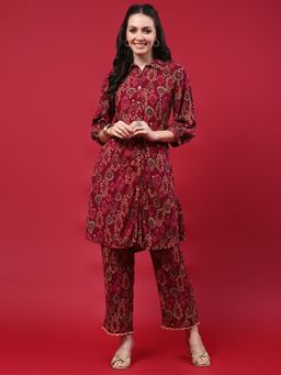 Shree - Women Rayon Burgundy Print Co-Ord (Set Of 2)