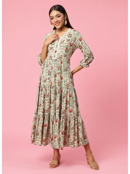 Shree - Women Rayon Grey Floral Print Midi Dress