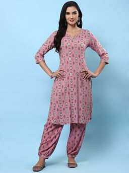 Shree - Women Rayon Pink Printed Kurta With Salwar Pant (Set Of 2)