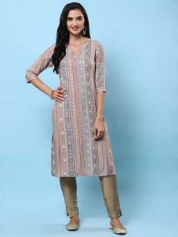 Shree - Women Rayon Grey Geometric Print Kurta