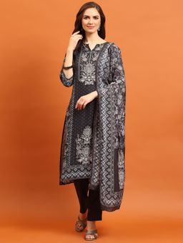 Shree - Women Muslin Grey Floral Placement Print Kurta With Pant And Dupatta (Set Of 3)
