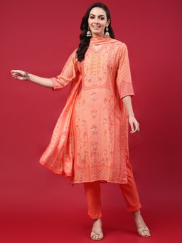 Shree - Women Muslin Orange Floral Placement Print Kurta With Pant And Dupatta (Set Of 3)