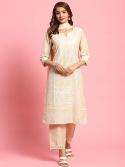 Shree - Women Samaira Silk Beige Placement Print Kurta With Comfort Pant And Dupatta (Set Of 3)