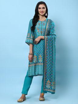 Shree - Women Muslin Teal Ornamental Floral Print Kurta With Pant And Dupatta (Set Of 3)