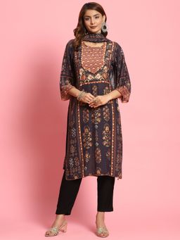 Shree - Women Muslin Black Floral Print Kurta With Pant And Dupatta (Set Of 3)