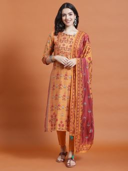 Shree - Women Muslin Mustard Floral Print Kurta With Pant And Dupatta (Set Of 3)