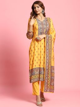 Shree - Women Rayon Mustard Floral Print Kurta With Pant And Dupatta (Set Of 3)