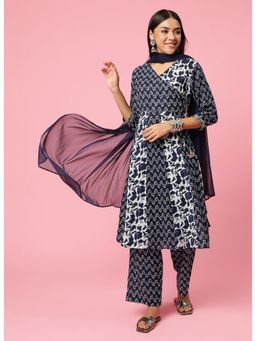 Shree - Women Cotton Navy Blue Floral Print Kurta With Comfort Pant And Dupatta (Set Of 3)