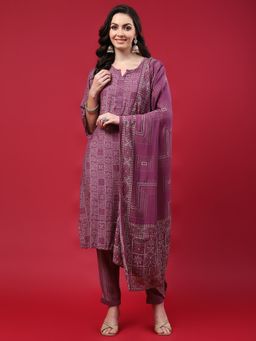 Shree - Women Muslin Purple Geometric Print Kurta With Pant And Dupatta (Set Of 3)